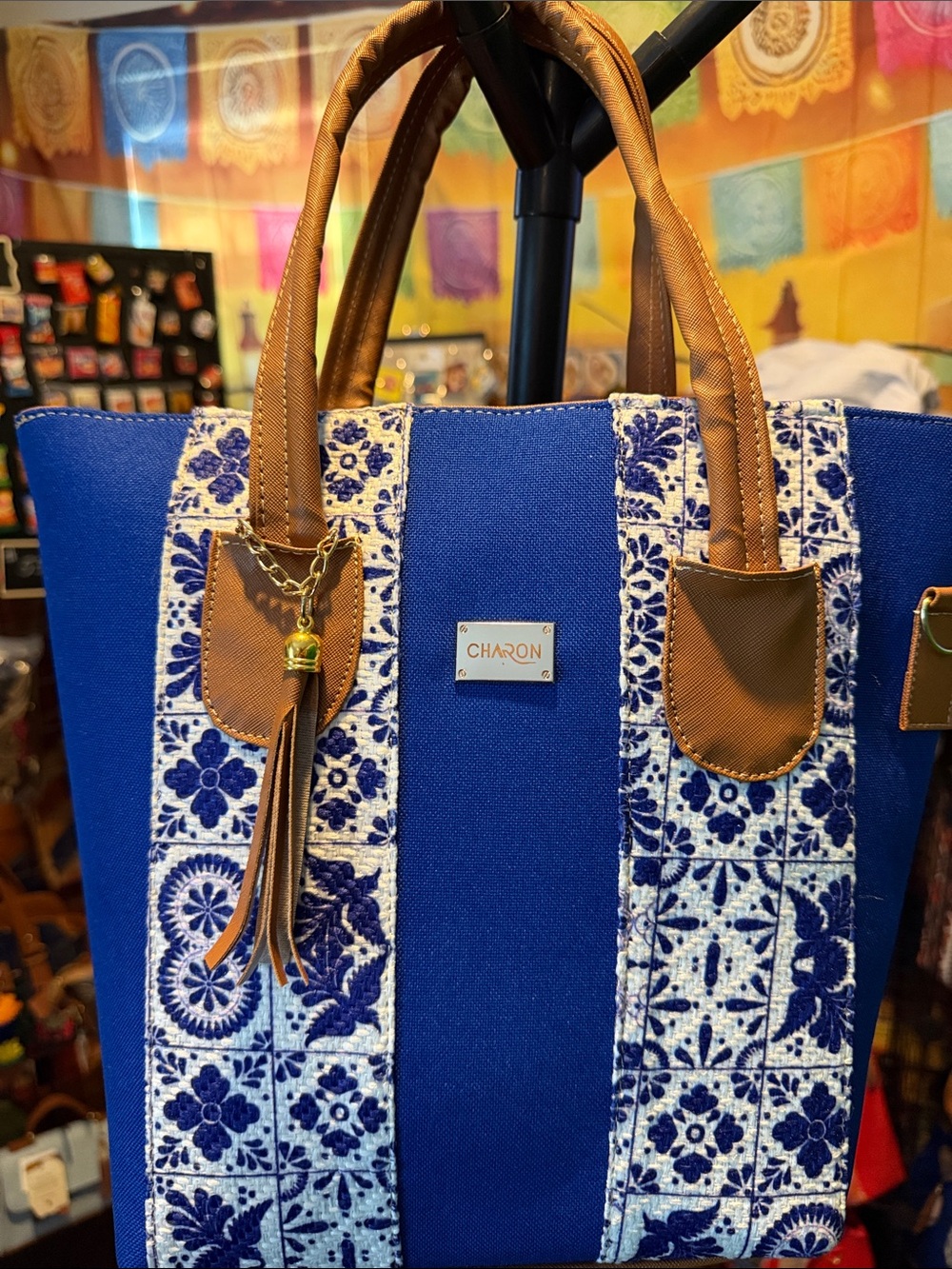 Blue Canvas Tote with Brown Trim